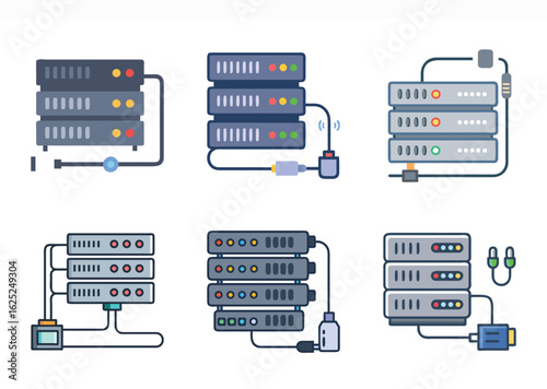 Stylized Vector Illustration of Data Servers and Network Components in Various Configurations