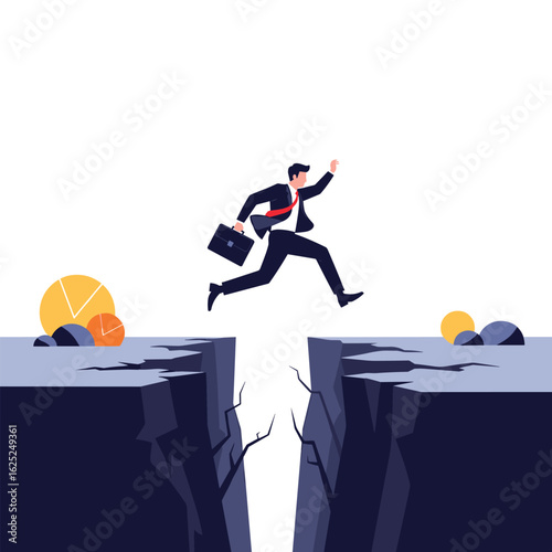 Businessman bravely jumping across a dangerous crack in the ground toward success