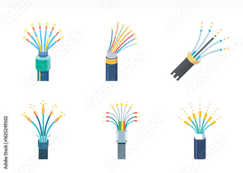 Vector illustration of several optic fiber cables in different designs and colors