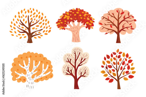 Autumnal Tree Collection: A collection of hand-drawn autumnal trees, showcasing a range of colorful foliage and unique forms, ideal for illustrating the beauty of fall.