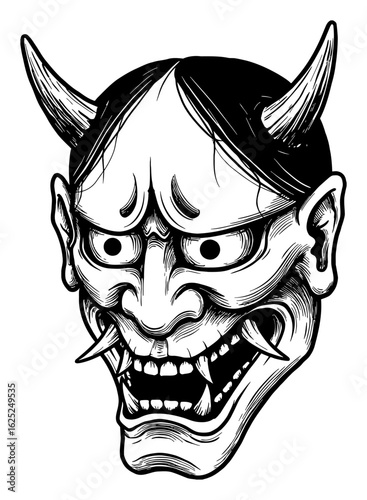 Japanese Oni Mask Traditional Demonic Face with Horns Fierce Expression Black and White Outline Line Art Drawing