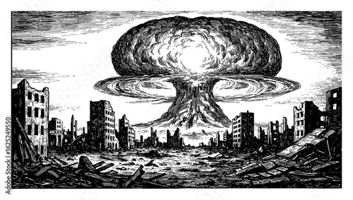 Nuclear Explosion Mushroom Cloud Over Ruined City Devastated Urban Landscape Black and White Outline Line Art Drawing