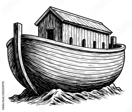 Empty Noahs Ark Floating on Water in a Classic Vintage Style Black and White Outline Line Art Drawing