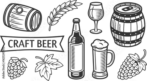 Beer sketch set. Flat vector drink is sitting in glass with ice, citrus slices, garnishes on transparent background. a detailed vintage-style vector illustration of assorted cocktail and drink glasses
