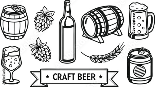 Beer sketch set. Flat vector drink is sitting in glass with ice, citrus slices, garnishes on transparent background. a detailed vintage-style vector illustration of assorted cocktail and drink glasses