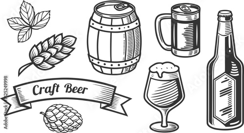 Beer sketch set. Flat vector drink is sitting in glass with ice, citrus slices, garnishes on transparent background. a detailed vintage-style vector illustration of assorted cocktail and drink glasses
