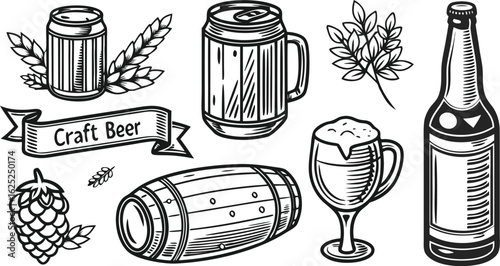 Beer sketch set. Flat vector drink is sitting in glass with ice, citrus slices, garnishes on transparent background. a detailed vintage-style vector illustration of assorted cocktail and drink glasses