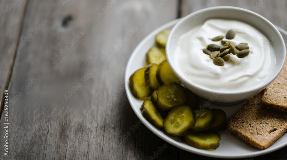 Obraz premium Refreshing snack plate with yogurt, pickles, and whole grain bread