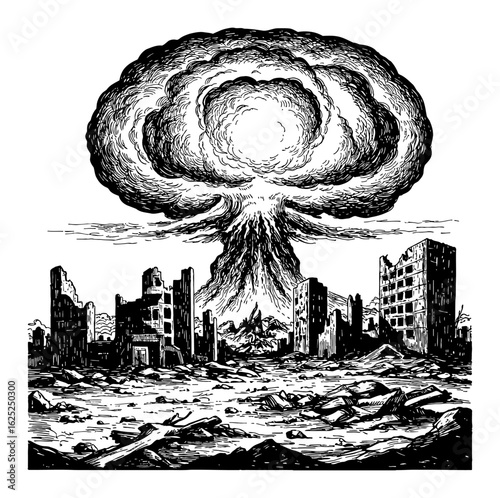Nuclear Explosion Mushroom Cloud Over Ruined City Devastated Buildings Black and White Outline Line Art Drawing