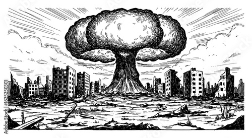 Nuclear Explosion on Empty Ruined City with Mushroom Cloud Black and White Outline Line Art Drawing