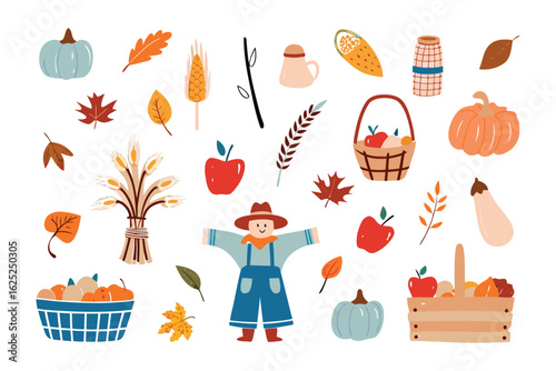 Autumn Harvest Bounty: A charming autumnal illustration showcasing the abundance of the season, with vibrant pumpkins, apples, corn, wheat, leaves and scarecrow evoking a sense of warmth, gathering.