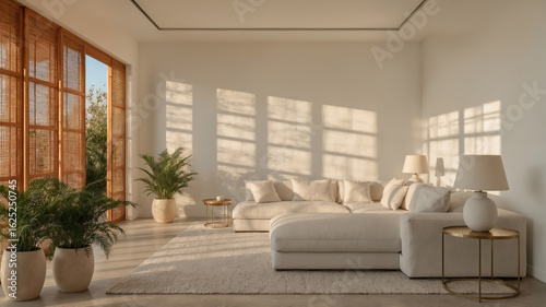 Modern living room interior with natural light and cozy beige furnishings with elegant design