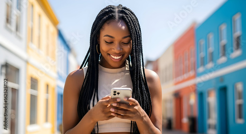 Happy young woman using smartphone in colorful city street enjoying mobile technology connection social media apps