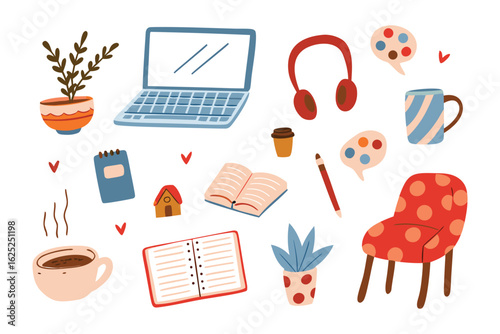 Cozy Workspace: A curated collection of items to create an environment for focused work or relaxation, including a laptop, headphones, and a cup of coffee. 