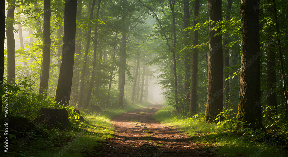 Obraz premium Serene Forest Path in Early Morning Light