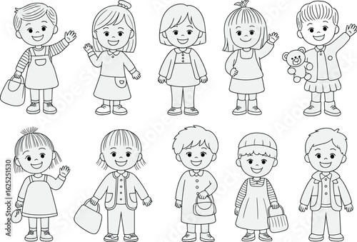 Set of happy cartoon school children waving, holding bags, smiling characters, black and white illustration for coloring, education material