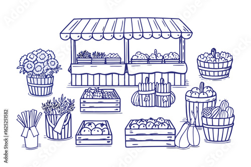 A Rustic Marketplace: A charming, hand-drawn illustration depicting a bustling outdoor market stand, overflowing with fresh produce and vibrant flowers, creating a sense of abundance and local charm.