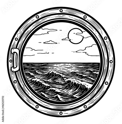 Detailed Ship Porthole View of Rough Sea Wave and Moon Sky in Black and White Outline Line Art Drawing