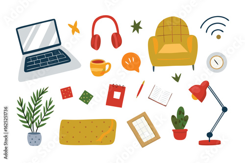 Cozy Workspace Illustration: A charming illustrated collection of items creates a perfect workspace setting for work-from-home or study, featuring a laptop, chair, headphones, succulent, and more.