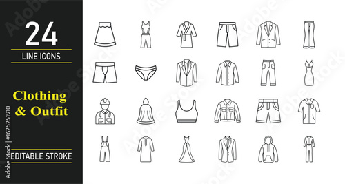 Clothing & Outfit Line Icons Set – Editable Vector Icons for Fashion, Apparel, Wardrobe, and Style Design