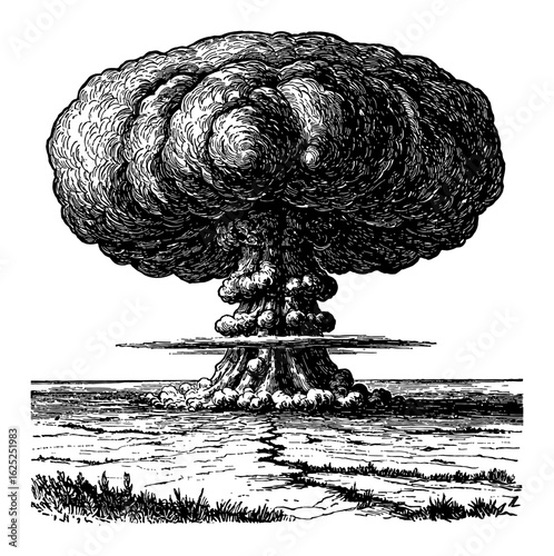 A Devastating Nuclear Explosion on Land Creating a Mushroom Cloud in Black and White Outline Line Art Drawing