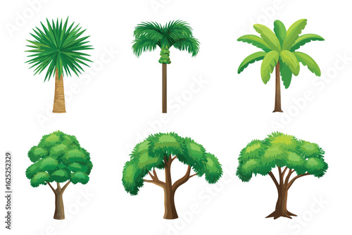 Botanical Variety: An array of six different illustrated trees, with lush green foliage and unique trunk structures, offering a variety of shapes and designs.