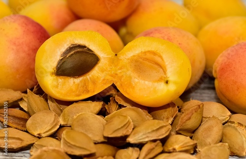 Photographs of ripe apricots and apricot seeds taken in the Süttütyo region.