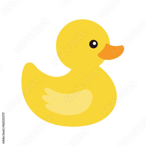 “Yellow rubber duck toy isolated on white background, classic bath time icon.”