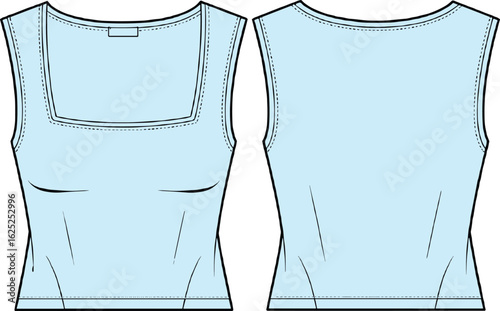 Women’s sleeveless tank top flat sketch, CAD drawing vector illustration, fashion design template, technical apparel flats, editable outline