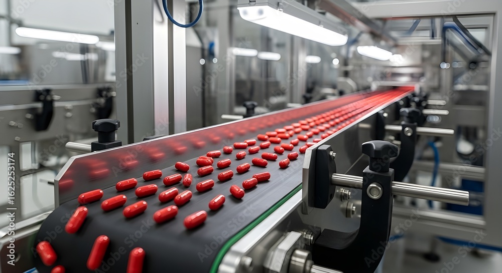 Obraz premium Red Pills on Automated Pharmaceutical Production Conveyor Belt in Factory