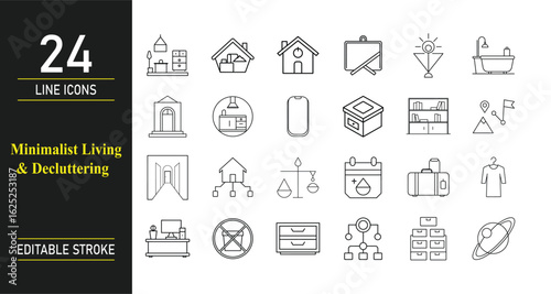 Minimalist Living and Decluttering Icons Set, Simple Organization and Home Storage Line Art Vector