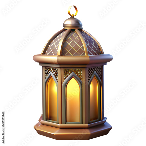 3d icon of golden ramadan lantern with glowing light isolated on transparent background