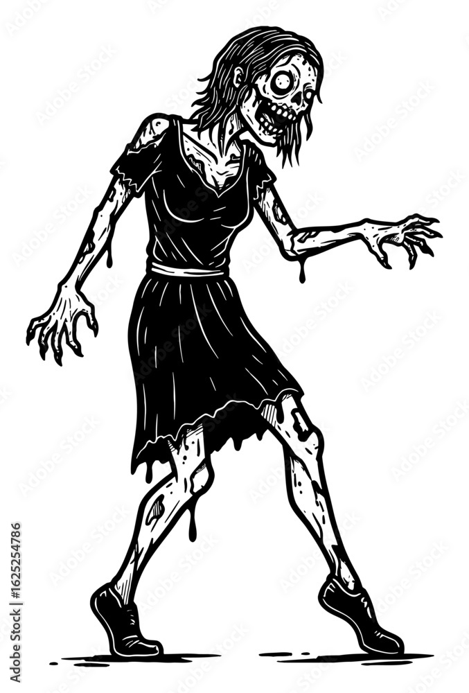 Fototapeta premium Horrific Zombie with Rotten Bloody Body Dancing Wearing Dress Side View Black and White Outline Line Art Drawing
