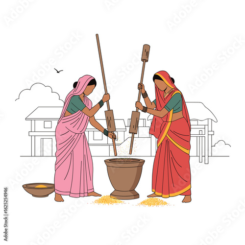 Two women in traditional indian clothing pounding grain with wooden pestles in large mortars outdoors
