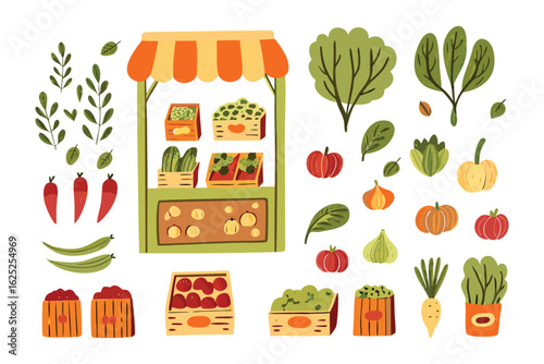 Fresh Market Harvest: A vibrant illustration of a fresh market scene brimming with an array of colorful fruits and vegetables, promising health, freshness, and a taste of nature's bounty.