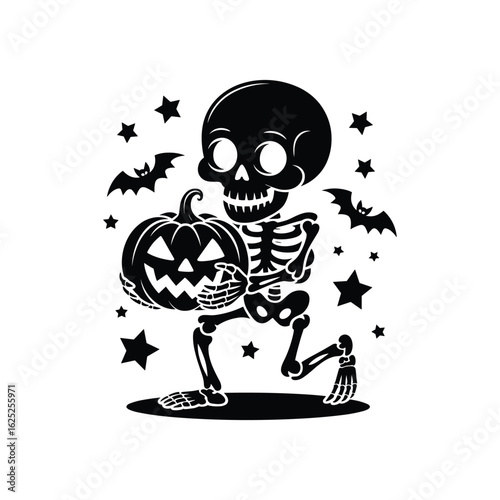 Cute cartoon skeleton carrying a jack o lantern on halloween night
