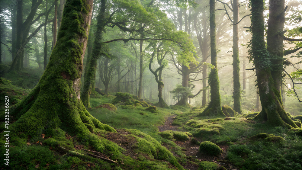 Fototapeta premium Overgrown forest with moss and ambient light 