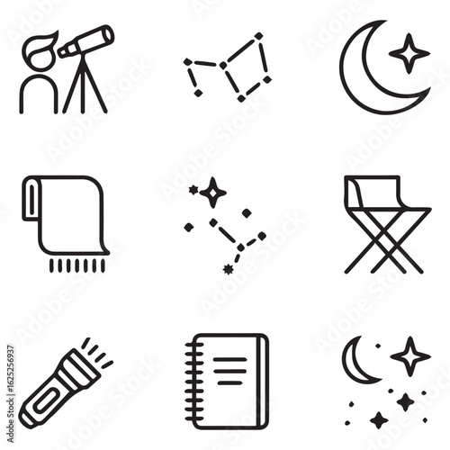 Collection of Astronomy and Exploration Icons Representing Observing the Night Sky and Documenting Discoveries in Black and White Style