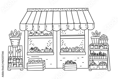 Delightful Farm Stand Sketch: A quaint illustration of a charming farm stand showcases a variety of fresh produce and vibrant potted plants.