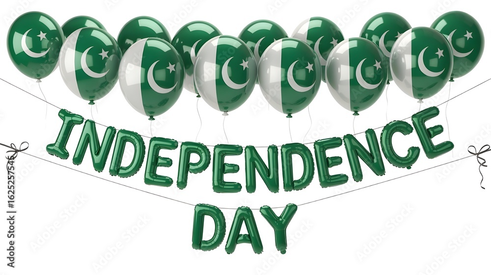 r 14 August Independence Day – Green and White Helium Balloons with Crescent and Star, Celebration Background
