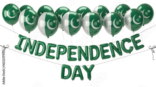 r 14 August Independence Day – Green and White Helium Balloons with Crescent and Star, Celebration Background