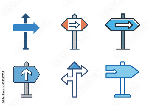 Collection of direction signs pointing in different directions using simple line art