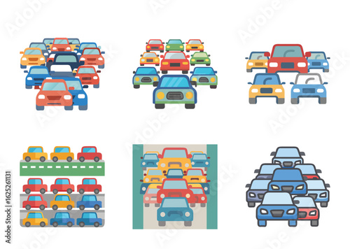 Different arrangements and groupings of stylized cars in various colors and contexts