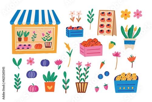 Fresh Produce Market: Charming illustration capturing the essence of a vibrant produce market, brimming with an array of fresh flowers, fruits, and vegetables.
