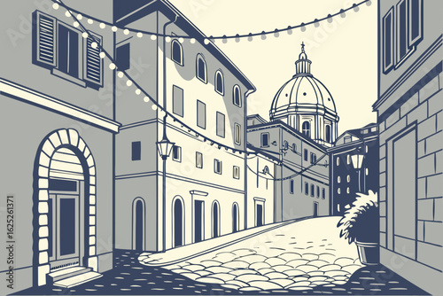 Dine under string lights in a quiet alley of Rome, Italy, modern flat illustration style