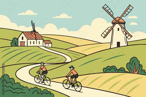 Cycling past windmills in rural Germany, modern flat illustration style