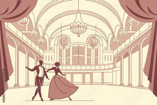 Dance at a classical music concert in Austria under a gilded opera hall ceiling, modern flat illustration style