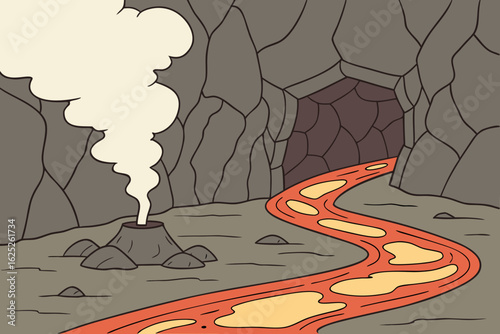 Descend into a volcano chamber in Iceland, modern flat illustration style