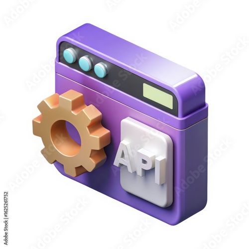 3d isometric illustration of a purple digital camera with a golden gear and api symbol