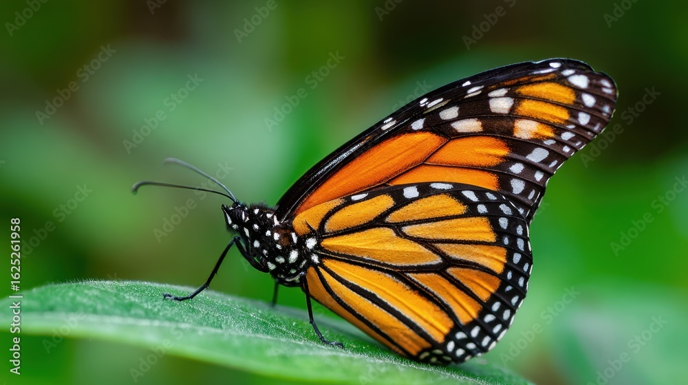 Naklejka premium Monarch Butterfly's Pause: A close-up view captures the stunning beauty of a monarch butterfly.
